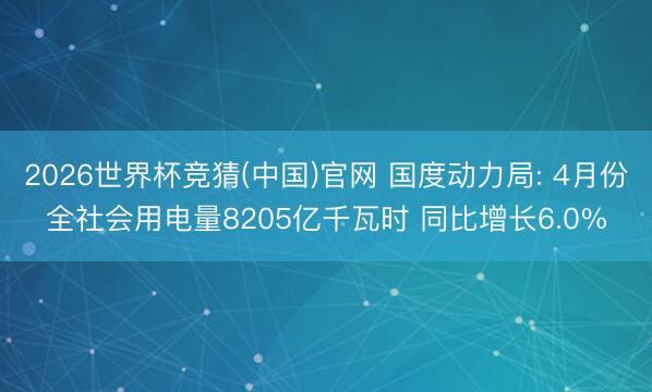 2026世界杯竞猜(中国)官网 国度动力局: 4月份全社会用电量8205亿千瓦时 同比增长6.0%